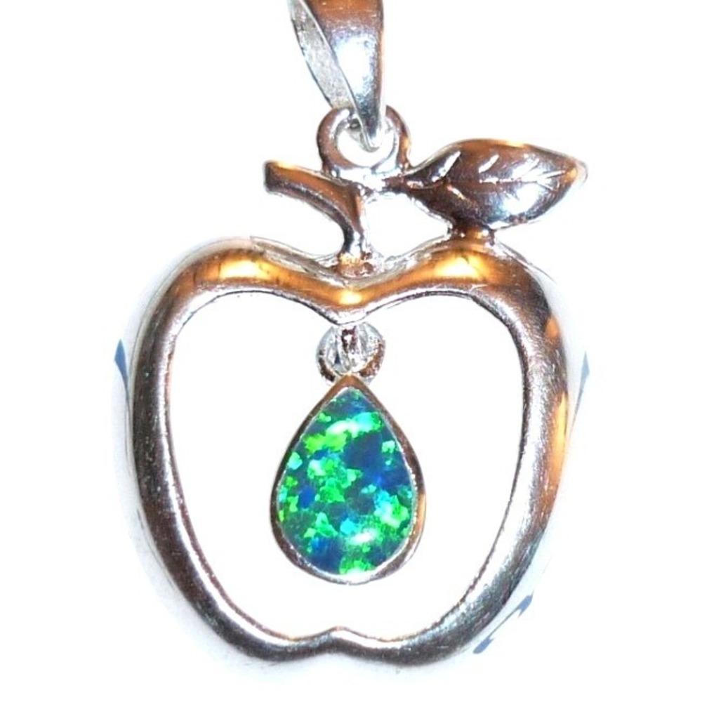 NOS 925 Sterling Silver Open Apple Leaf Pendant Floating Dangle Blue Opal Drop